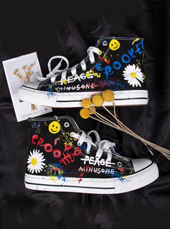 权志龙雏菊联名涂鸦手绘高帮帆布鞋