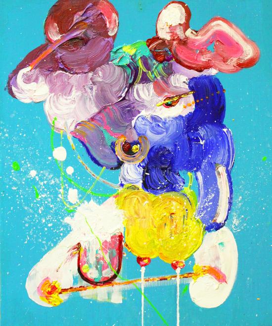 植松京子，喂奶的乳牛， 2017，丙烯 画布， 38×45.5 cm